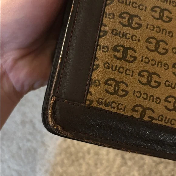 🐿️ Vintage 1980s Gucci GG Monogram Canvas Clutch Shoulder Bag Brown Leather Trim - Picture 14 of 15